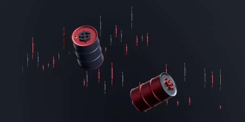 Commodity trading visualization: oil barrels and market chart motif